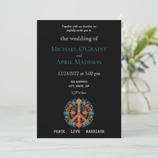 Hippy Peace Sign Wedding Invitation (Standing Front)