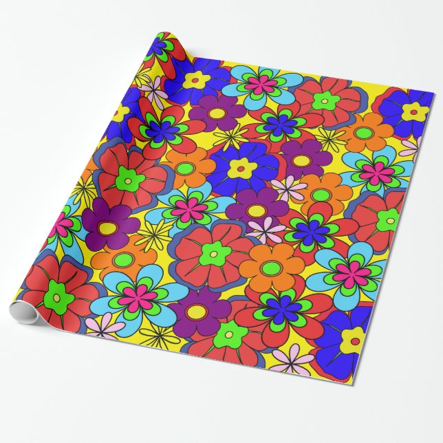Hippy Retro Flowers Wrapping Paper (Unrolled)