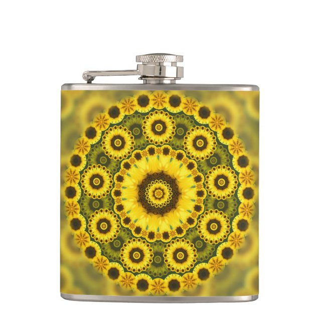 Hippy Sunflower Fractal Mandala Pattern Hip Flask (Front)