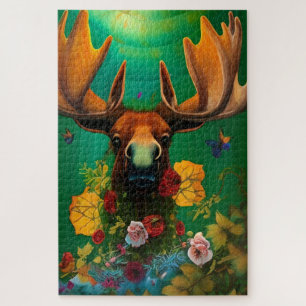 Hippy Trippy Moose with Flowers Jigsaw Puzzle