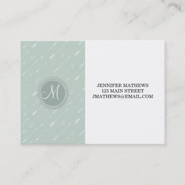 Hipster Arrow Mint Green Monogram Business Card (Front)