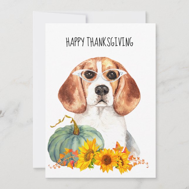 Hipster Beagle Watercolor Thanksgiving Card (Front)