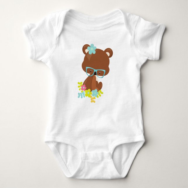 Hipster Bear, Bear With Glasses, Colourful Flowers Baby Bodysuit (Front)