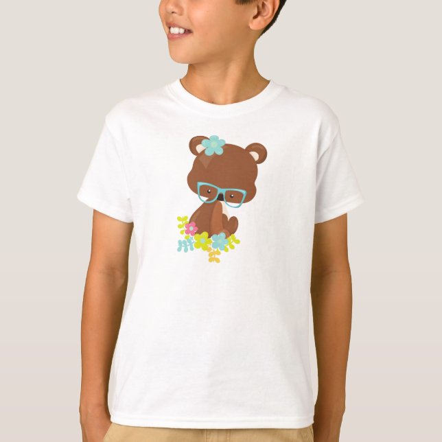 Hipster Bear, Bear With Glasses, Colourful Flowers T-Shirt (Front)
