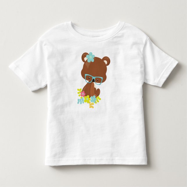 Hipster Bear, Bear With Glasses, Colourful Flowers Toddler T-Shirt (Front)