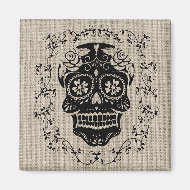 Hipster Black Sugar Skull Burlap Magnet (Front)