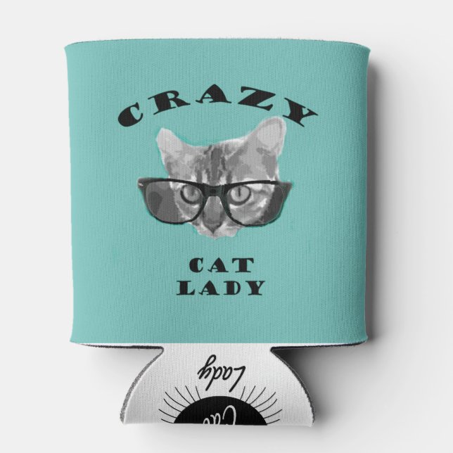 Hipster Blue Popular Crazy Cat Lady Humor Can Cooler (Back)