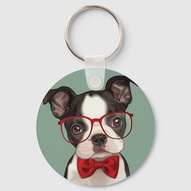 Hipster Boston Terrier Key Ring (Front)