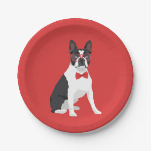 Hipster Boston Terrier with Red Glasses & Bow Tie Paper Plate