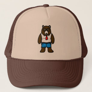Hipster brown wild bear with a red tie trucker hat