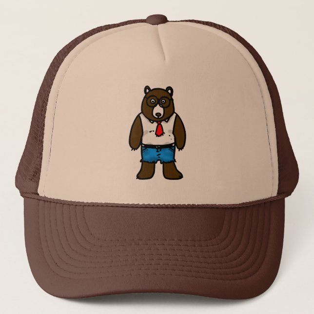 Hipster brown wild bear with a red tie trucker hat (Front)