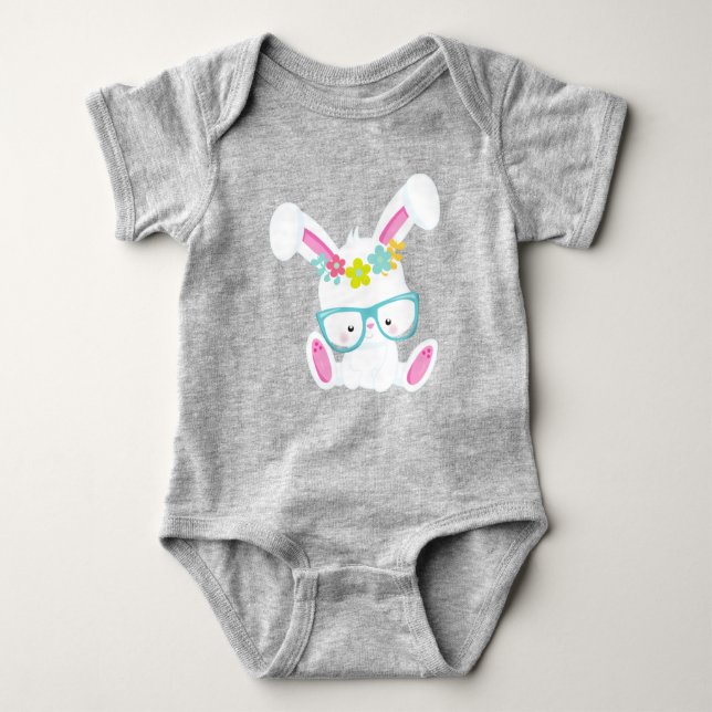 Hipster Bunny, Bunny With Glasses, Rabbit, Flowers Baby Bodysuit (Front)