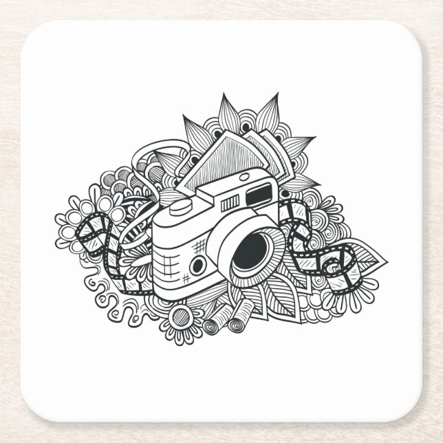 Hipster Camera Doodle Square Paper Coaster (Front)