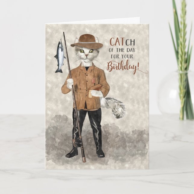 Hipster Cat Fishing Themed Funny Birthday Card (Front)