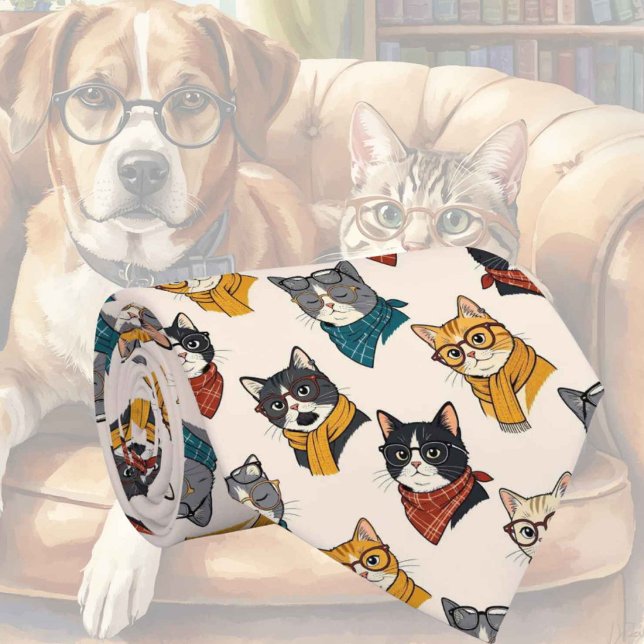 Hipster Cat in Eye Glasses Illustrations Tie (Creator Uploaded)