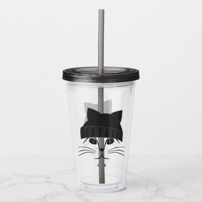 Hipster Cat Wearing Wooly Hat Acrylic Tumbler (Front)