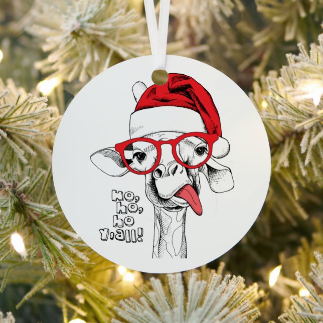 Hipster Christmas Cute Giraffe Ho Ho Ho Y'all Metal Tree Decoration (Insitu)