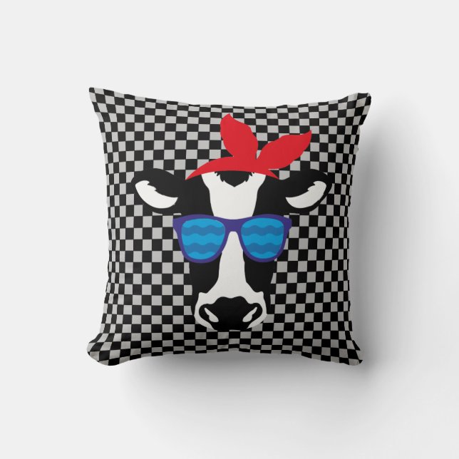Hipster Cow on Chequerboard Cushion (Front)