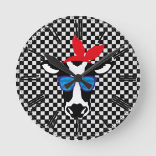 Hipster Cow on Chequerboard Round Clock