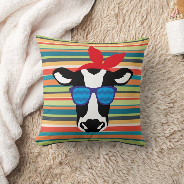 Hipster Cow on Stripes Cushion (Blanket)