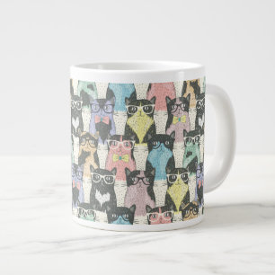 Hipster Cute Cats Pattern Large Coffee Mug
