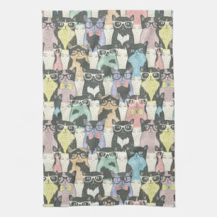 Hipster Cute Cats Pattern Tea Towel