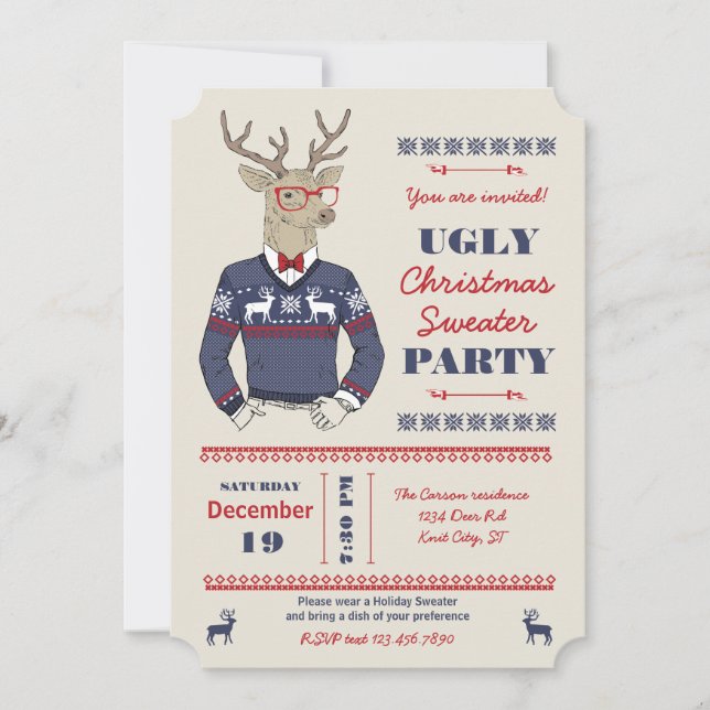 Hipster Deer Ugly Christmas Sweater Invitation (Front)