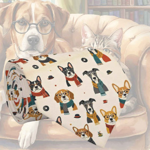 Hipster Faux Silk Stylish Dogs Gentleman's Tie