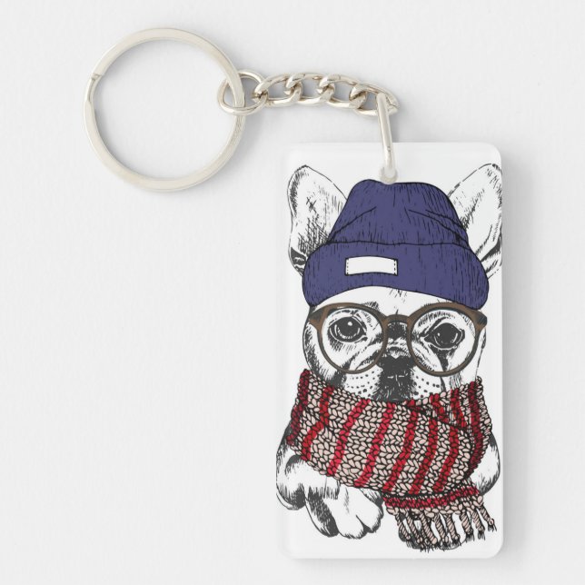 Hipster French Bull Dog Key Ring (Front)