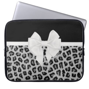 Hipster Girly Black White Animal Print And Bow Laptop Sleeve