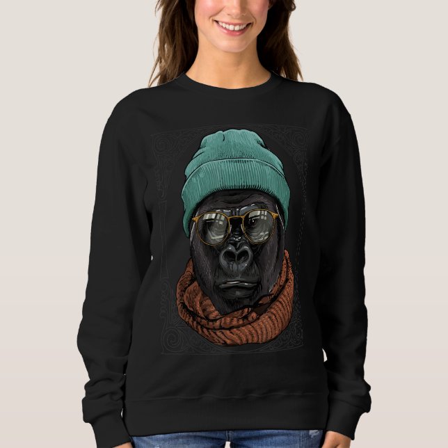 Hipster Gorilla Animal Wearing Glasses Monkey Gori Sweatshirt (Front)