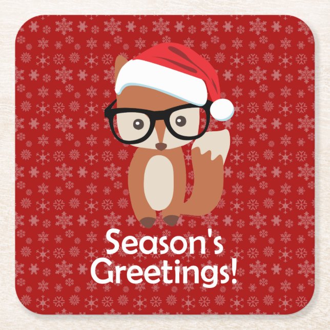 Hipster Holiday Fox Glasses Cute Animal Christmas Square Paper Coaster (Front)