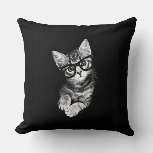 Hipster Kitten & Glasses Cat Lover's Throw Pillow (Front)