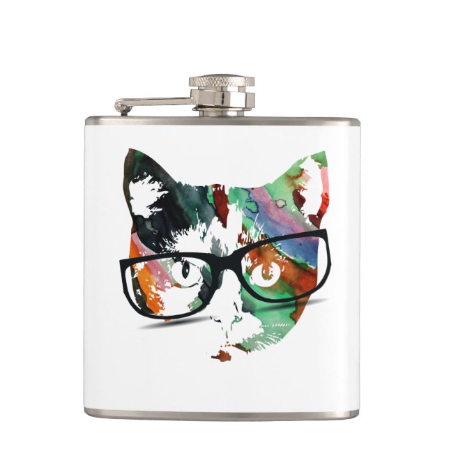 Hipster Kitty with Glasses Hip Flask (Front)