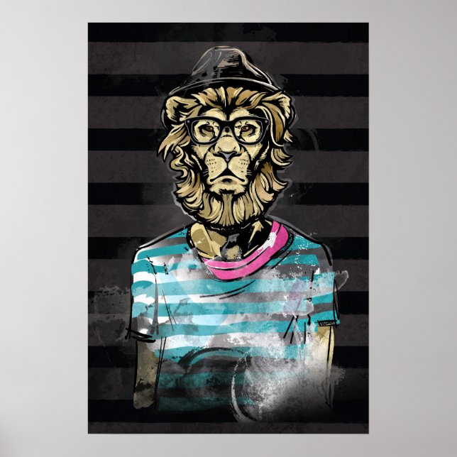 Hipster Lion on Stripe Poster (Front)