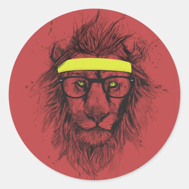 hipster lion (red) classic round sticker (Front)