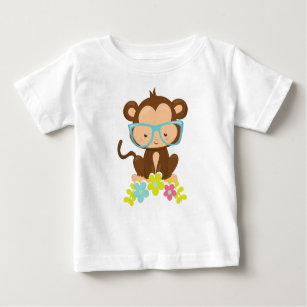 Hipster Monkey, Monkey With Glasses, Flowers Baby T-Shirt
