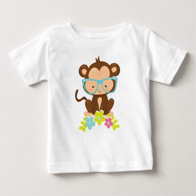 Hipster Monkey, Monkey With Glasses, Flowers Baby T-Shirt (Front)