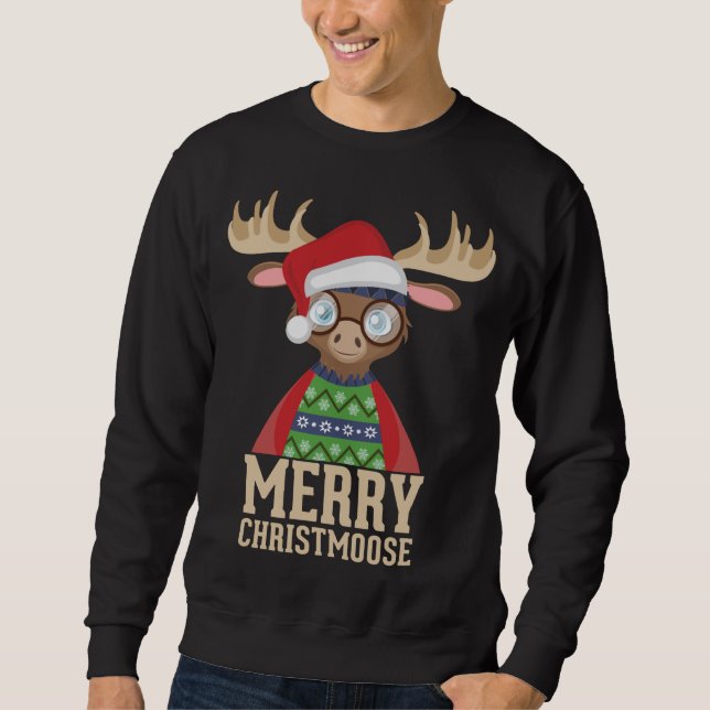 Hipster Moose - Santa Hat - Merry Christmoose Chri Sweatshirt (Front)