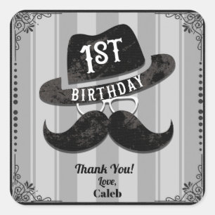 Hipster Moustache Hat Glasses 1st Birthday Party Square Sticker