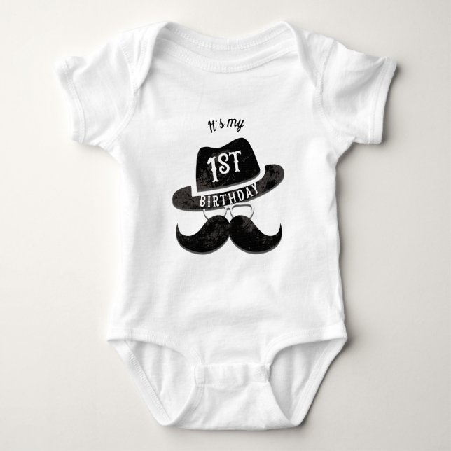 Hipster Mr. Moustache Hat Glasses 1 1st Birthday Baby Bodysuit (Front)