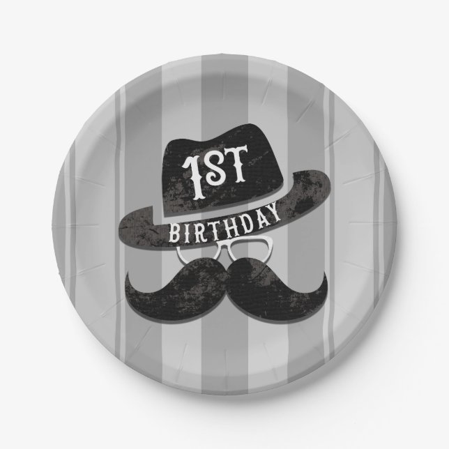 Hipster Mr. Moustache Hat Glasses 1st Birthday Paper Plate (Front)