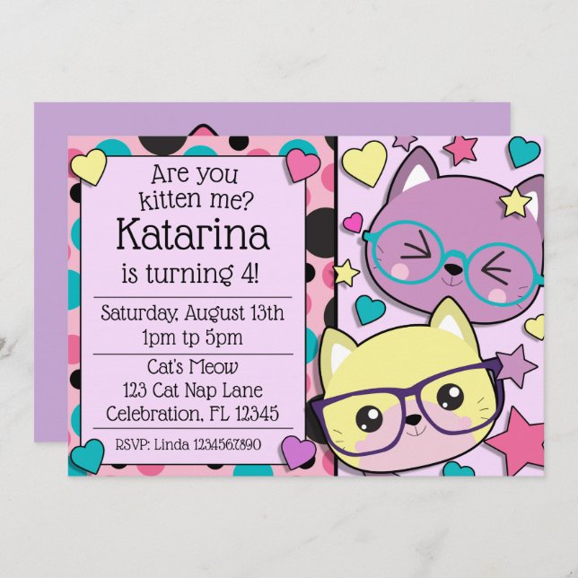 Hipster Nerdy Kitten Cats Girls Birthday Invitation (Front/Back)