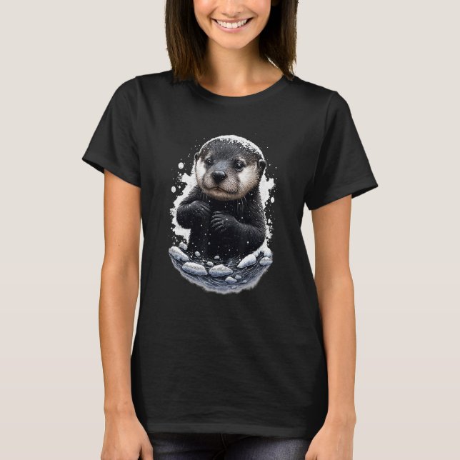 Hipster Otter River Loves To Slide In The Snow T-Shirt (Front)
