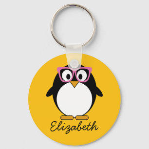 Hipster Penguin - Cute Cartoon Yellow Pink Key Ring