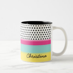 Hipster Polka Dots and Colour Blocks Monogram Two-Tone Coffee Mug