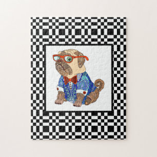 Hipster Pug on Challenging B&W Chequerboard Jigsaw Puzzle