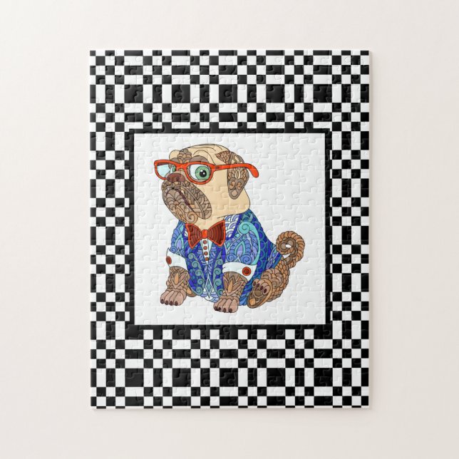 Hipster Pug on Challenging B&W Chequerboard Jigsaw Puzzle (Vertical)
