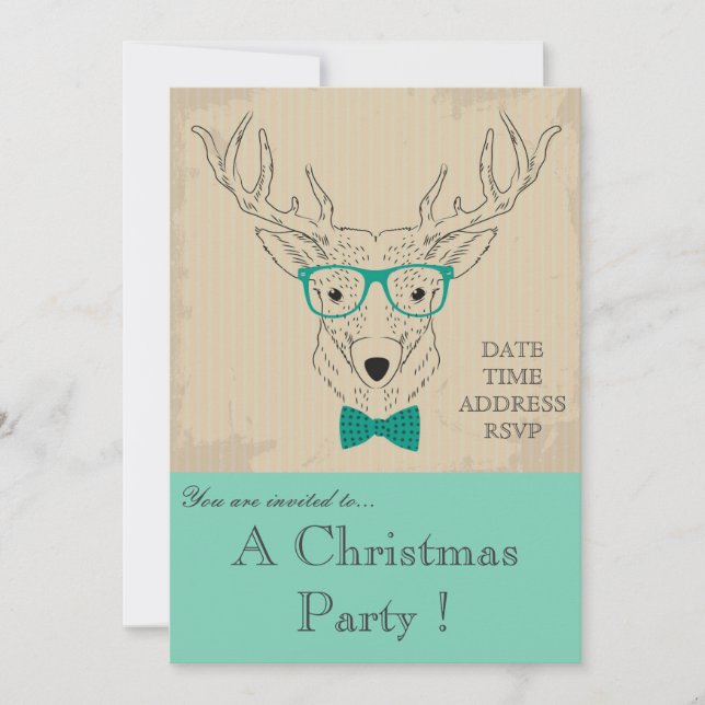 Hipster reindeer Christmas party invitation (Front)