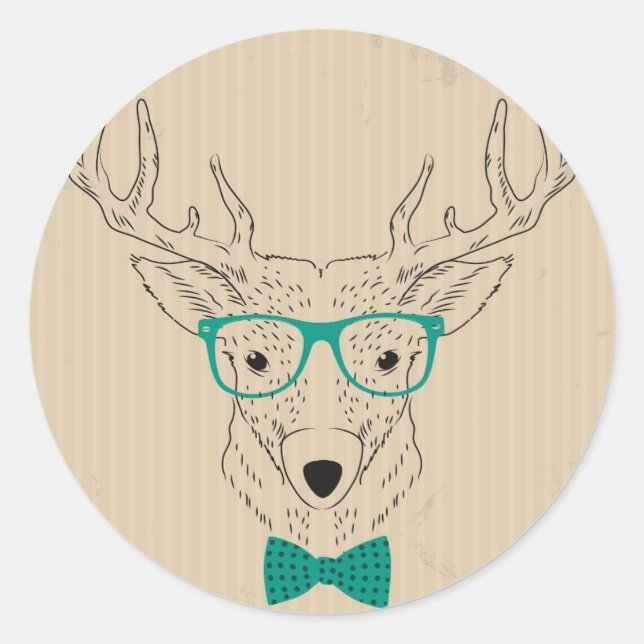 Hipster Reindeer Elk with glasses grungy Christmas Classic Round Sticker (Front)